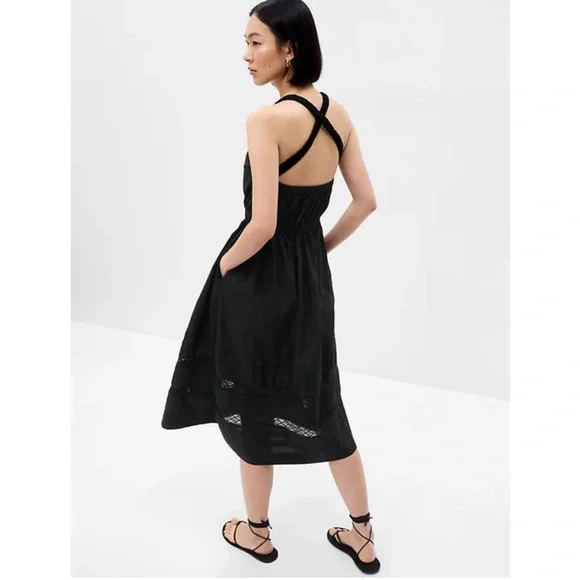 NWT GAP Lace Cross-Back Midi Dress Women's Sz Small Tall 100% Cotton black - Picture 3 of 8